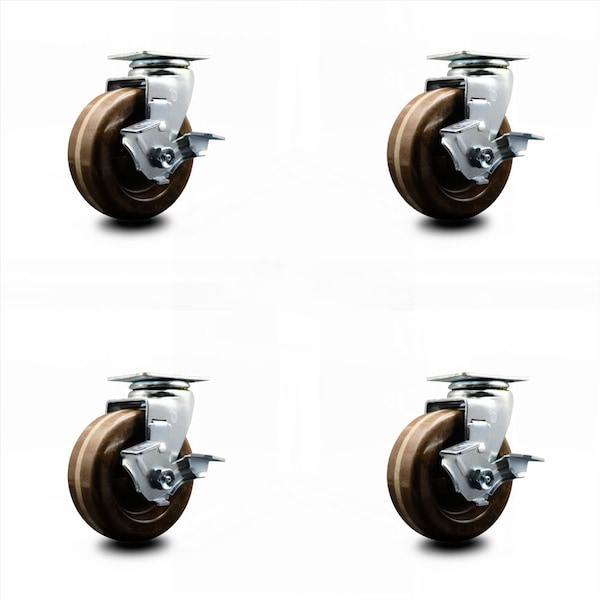 4 Inch High Temp Phenolic Swivel Caster Set with Roller Bearings and Brakes SCC